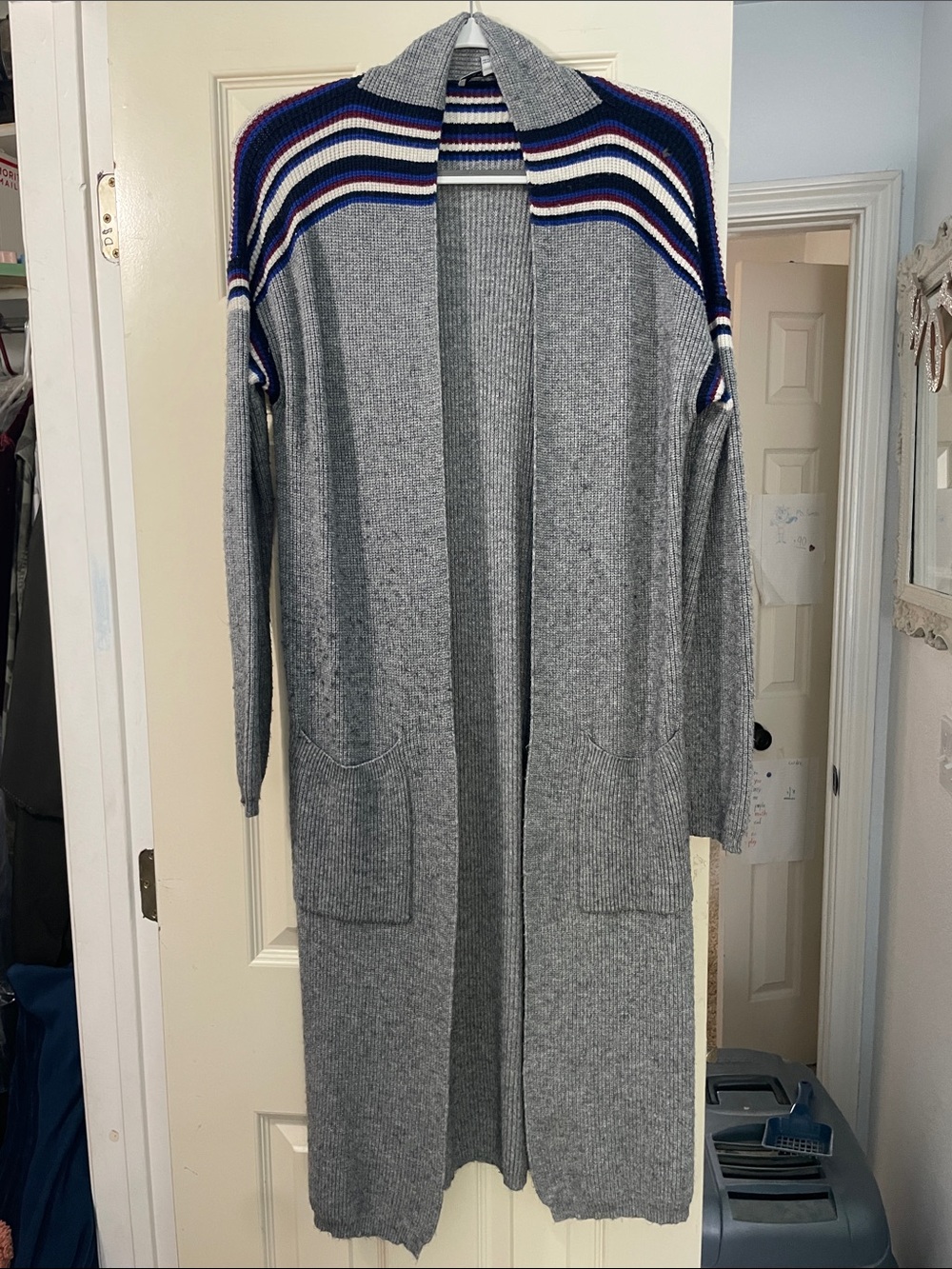 Heartloom Gray Open-Front Long Cardigan with Navy and red white and black stripe